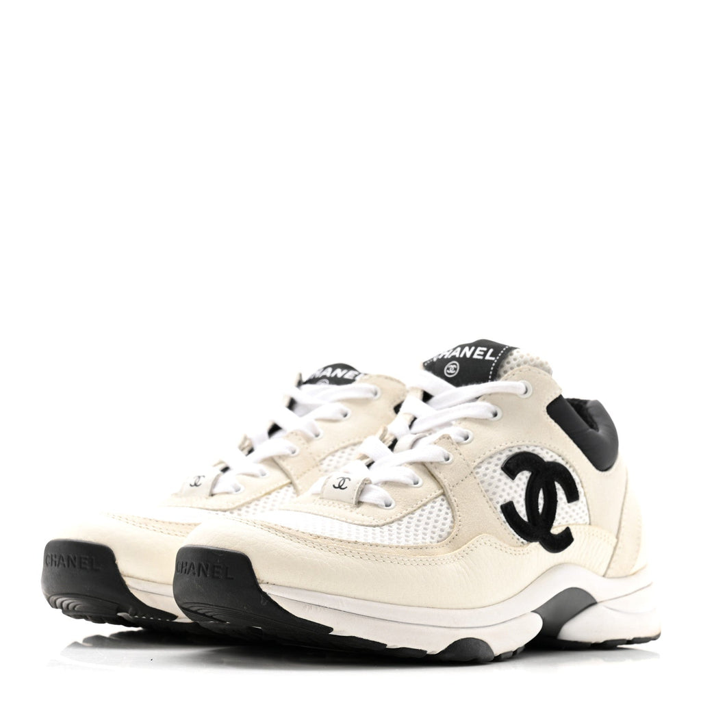 Mesh Suede Calfskin Grained Calfskin Womens CC Sneakers 38 White Black