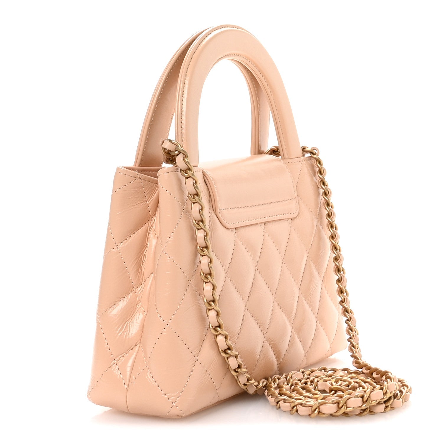 Chanel Shiny Aged Calfskin Quilted Nano Kelly Shopper Beige
