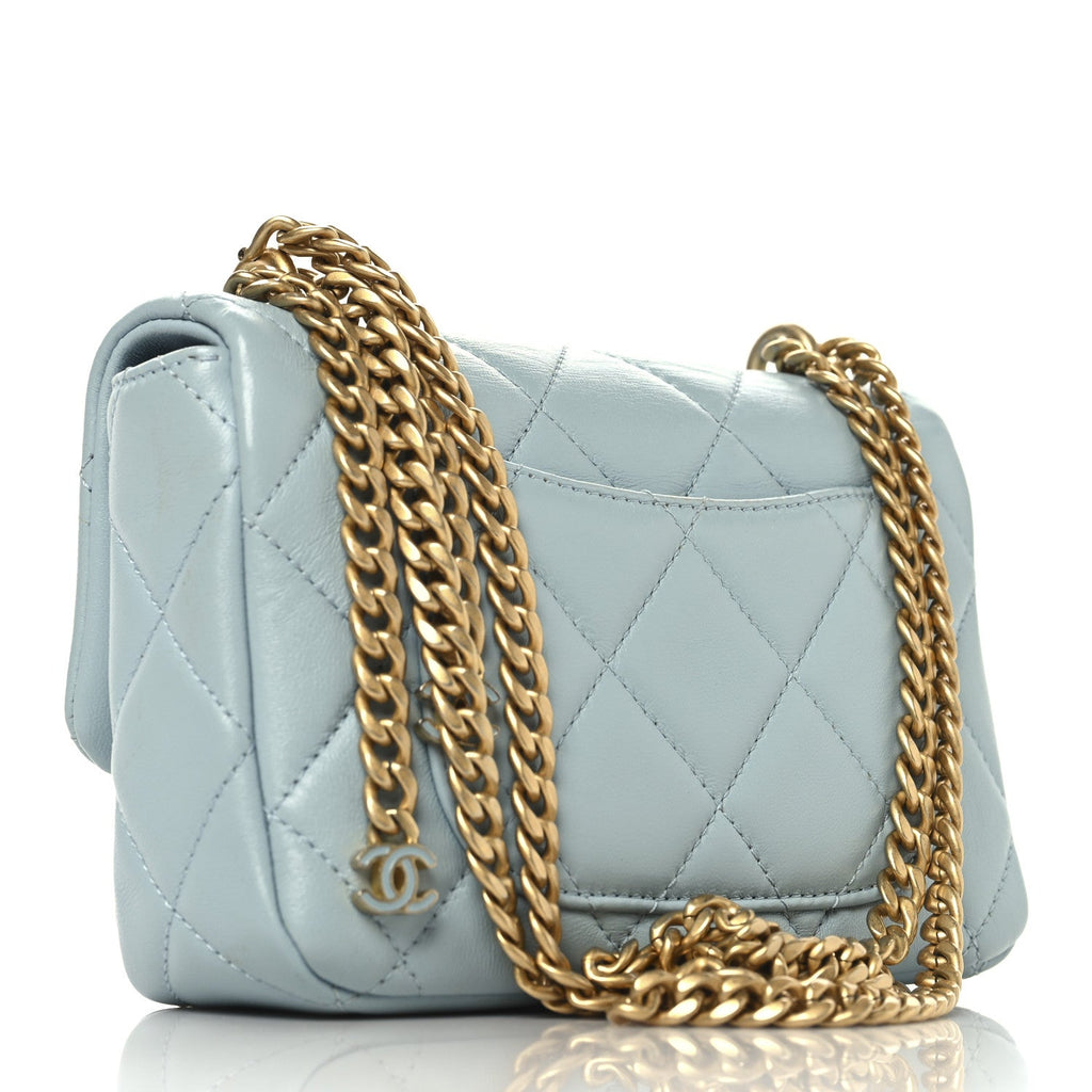 Chanel Lambskin Enamel Quilted Mini Pending CC Square Flap Light Blue