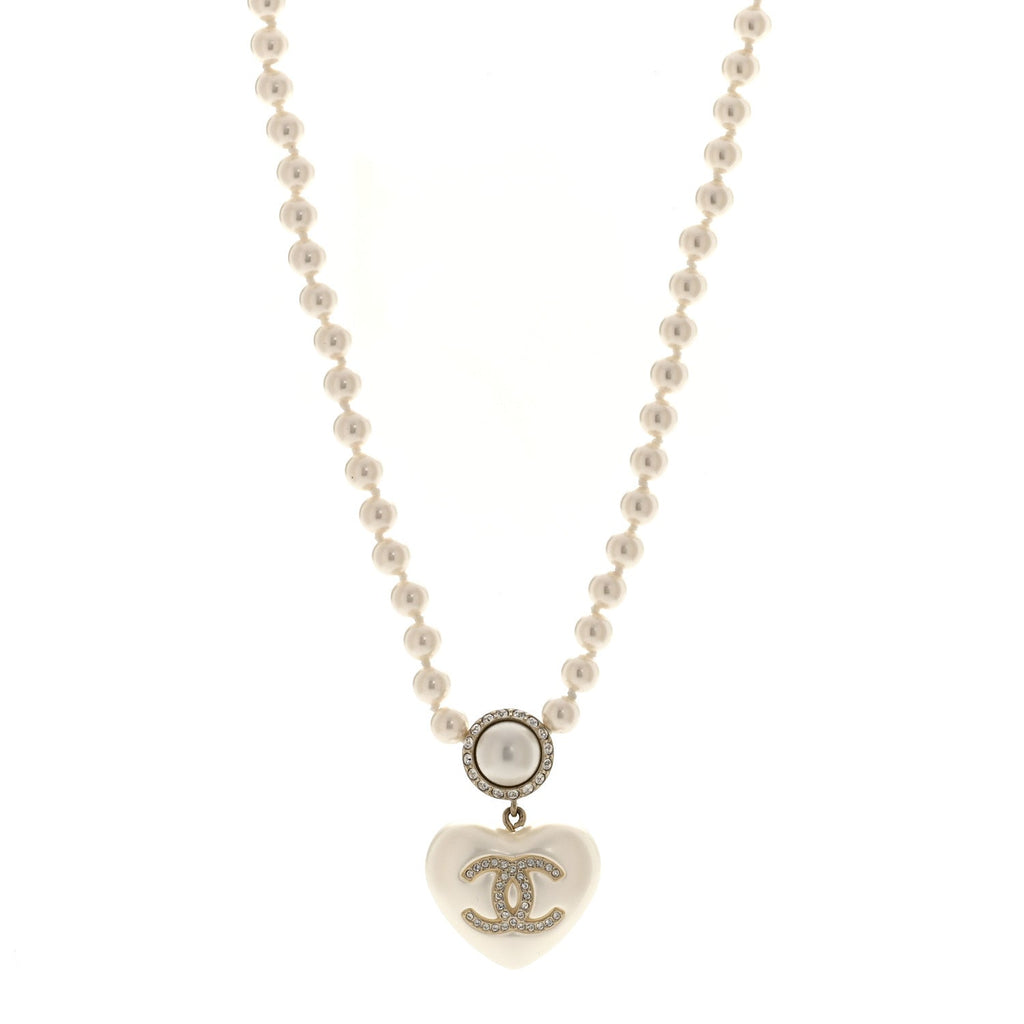 Pearl Crystal CC Heart Short Necklace Pearly White Gold