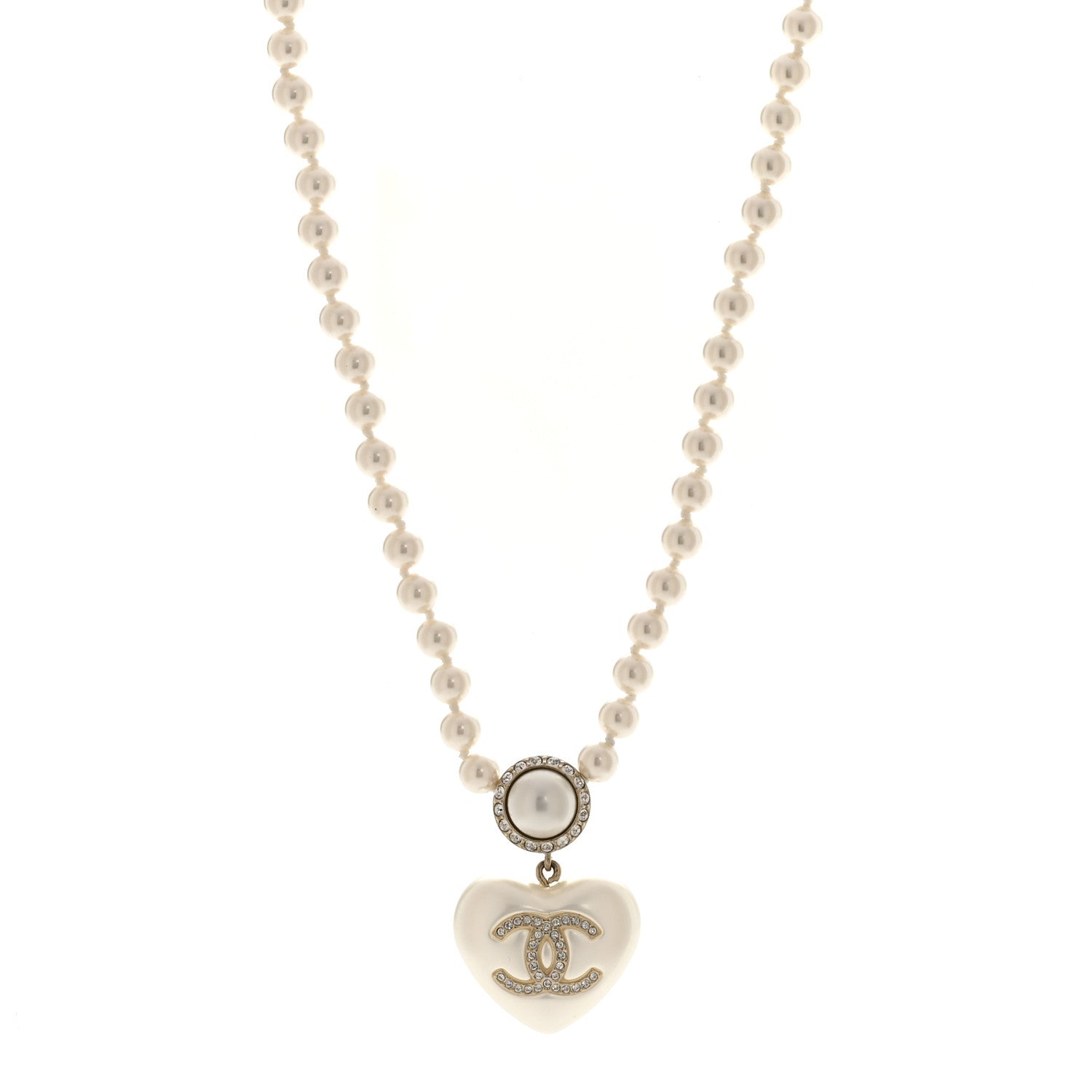 Pearl Crystal CC Heart Short Necklace Pearly White Gold