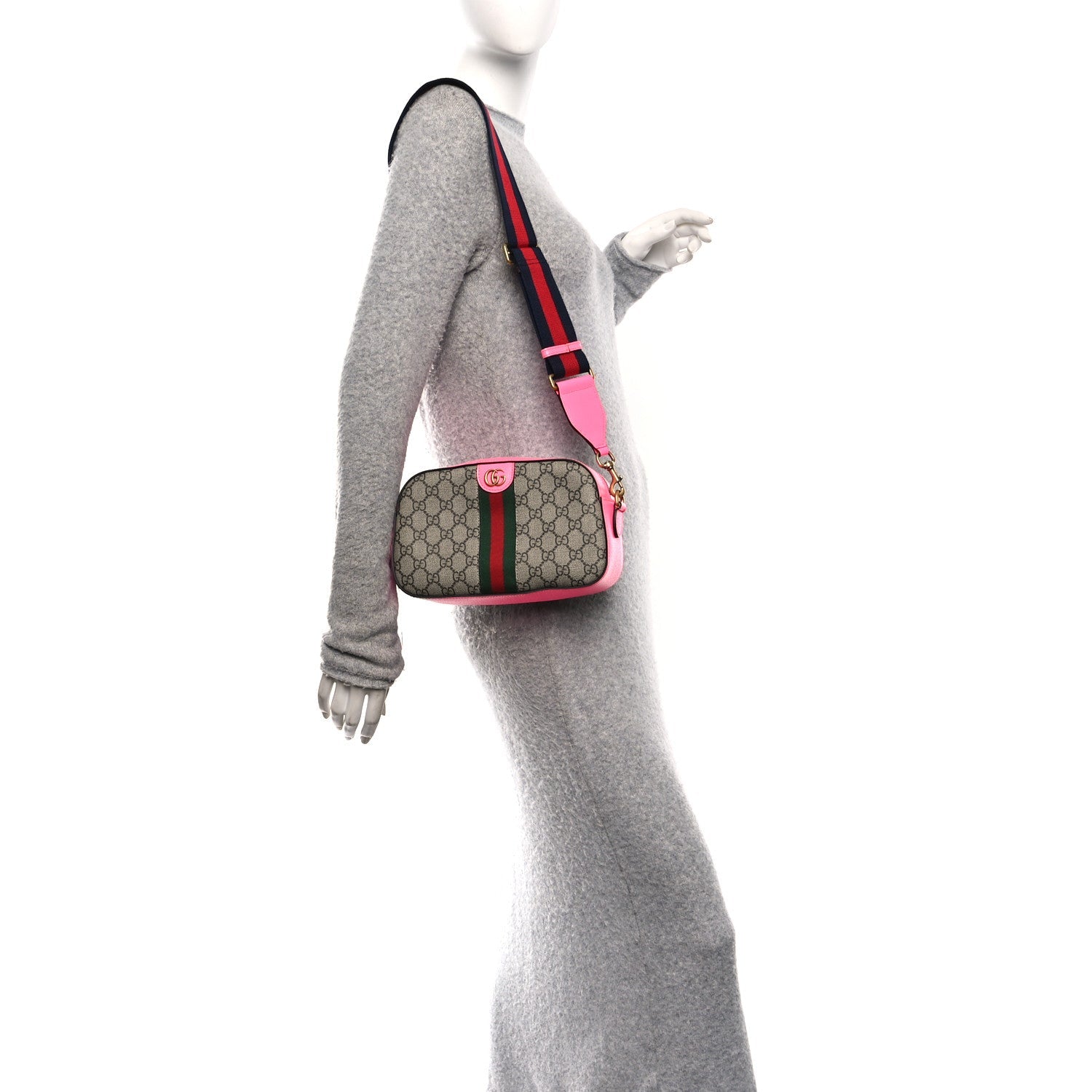 Gucci GG Supreme Monogram Textured Dollar Calfskin Web Ophidia Small Crossbody Bag Beige Ebony Fuchsia