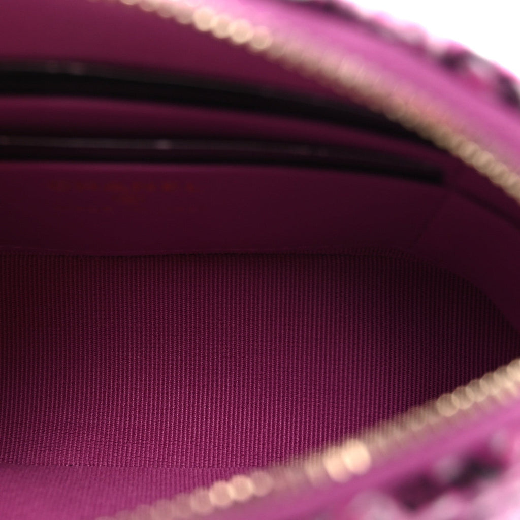 Chanel Tweed Quilted Mini Clutch With Chain Purple