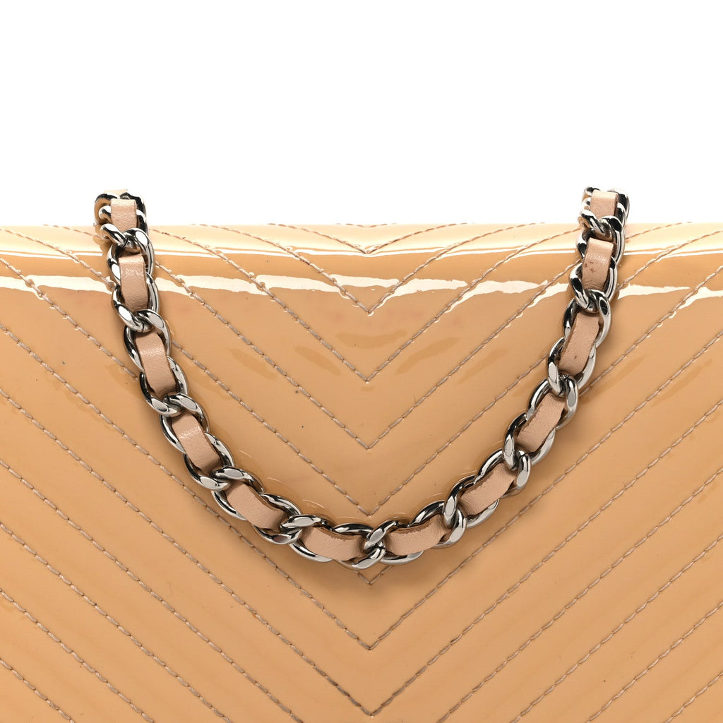 Chanel Patent Calfskin Chevron Quilted Wallet On Chain WOC Beige