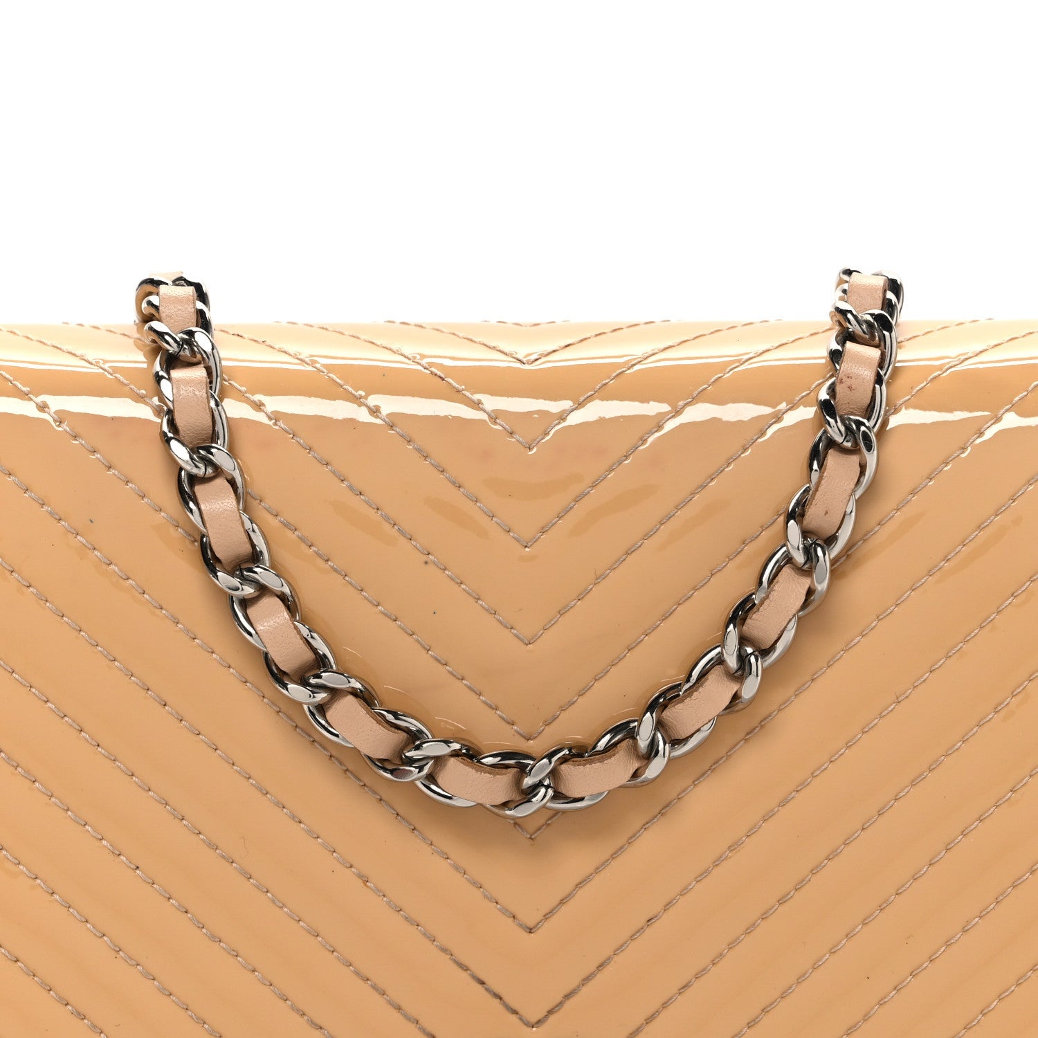 Chanel Patent Calfskin Chevron Quilted Wallet On Chain WOC Beige