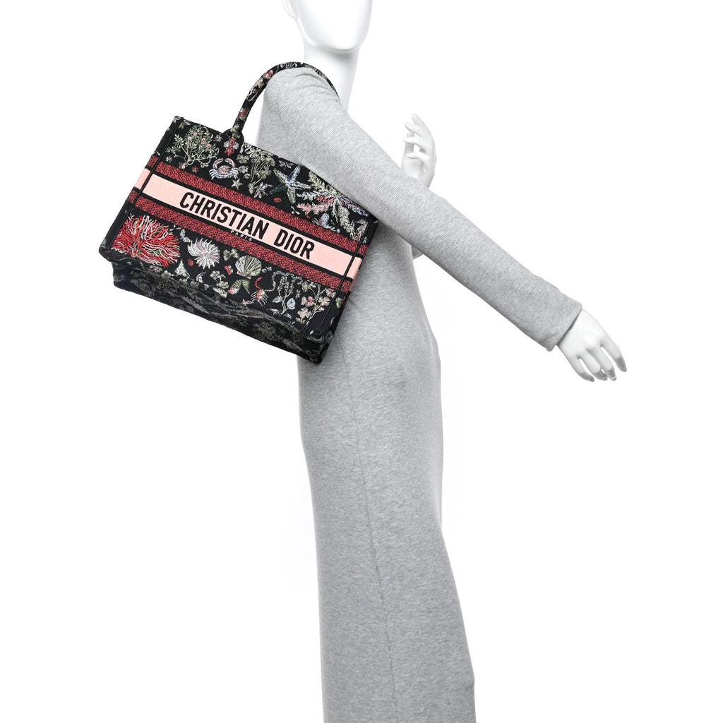 Christian Dior Canvas Embroidered Medium Cabinet De Curiosites Book Tote Black Multicolor