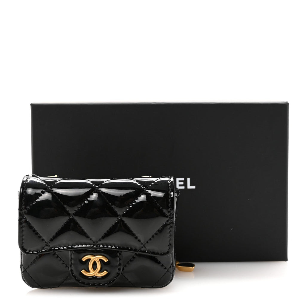 Chanel Patent Enamel Quilted Coco Hearts Clutch With Chain Black