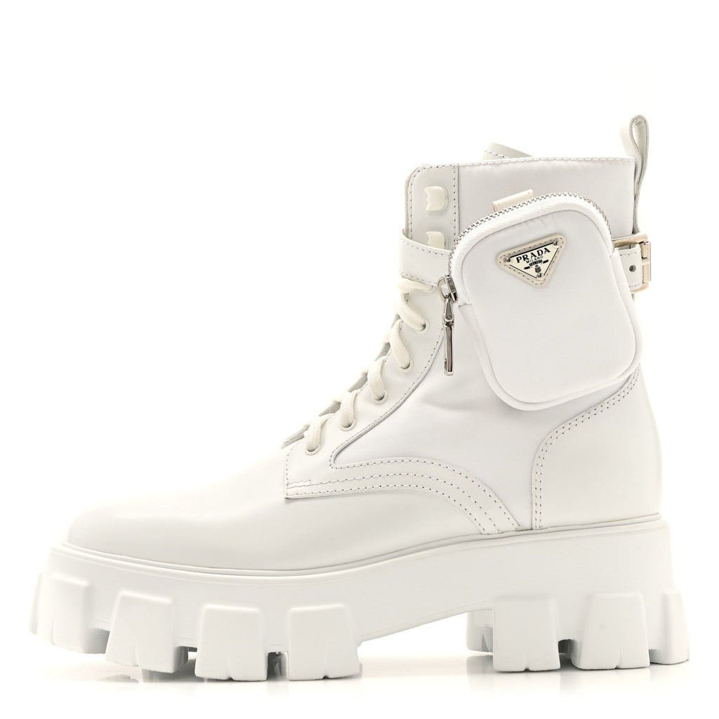 Prada Spazzolato Rois Re-Nylon Metal Triangle Logo Monolith Pouch Pocket 55mm Boots 40 White