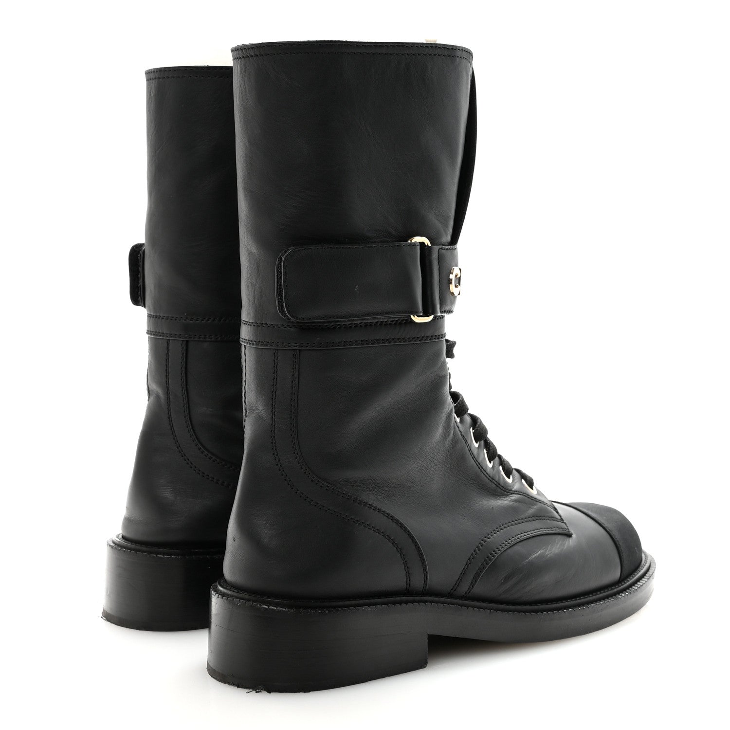 Chanel Shiny Calfskin Lace Up Combat Boots 37 Black