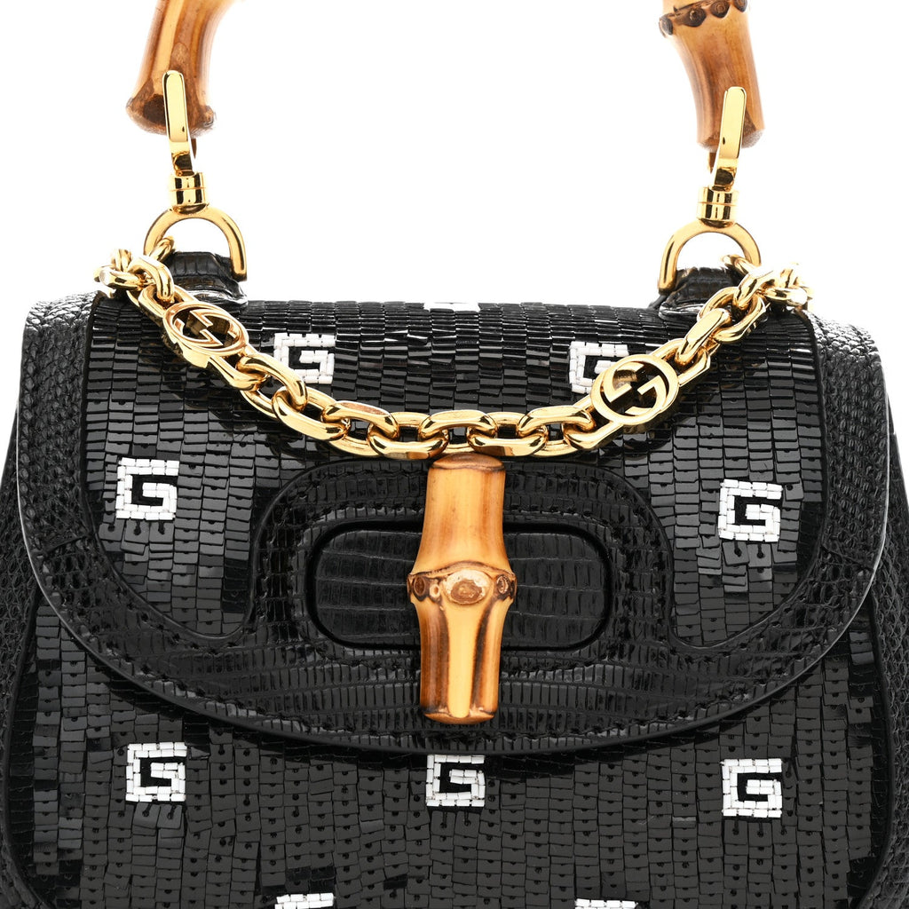 Gucci Sequin Lizard Embossed GG Mini Bamboo 1947 Top Handle Chain Bag Black White