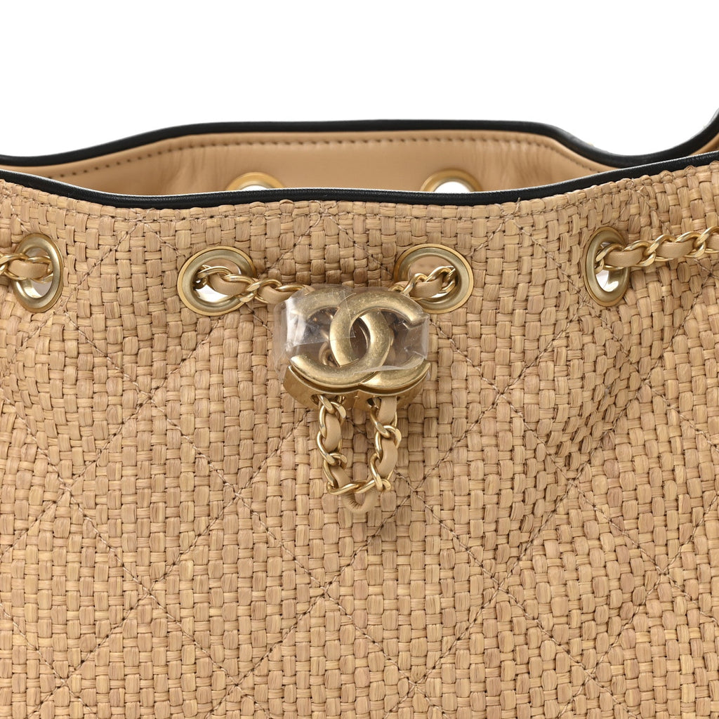 Chanel Braided Raffia Calfskin Quilted Mini Chanel 25 Handbag Beige Black