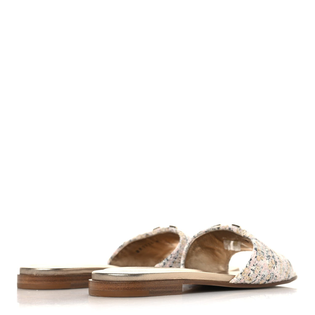 Louis Vuitton Tweed Sequin LV Mare Flat Mule Sandals 39 Light Gold