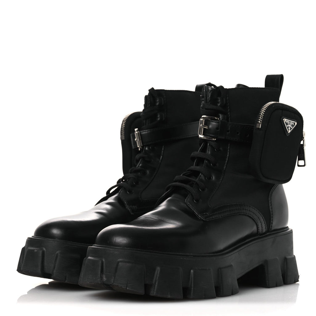 Prada Spazzolato Rois Nylon Metal Triangle Logo Monolith Pouch Pocket 55mm Boots 40.5 Black
