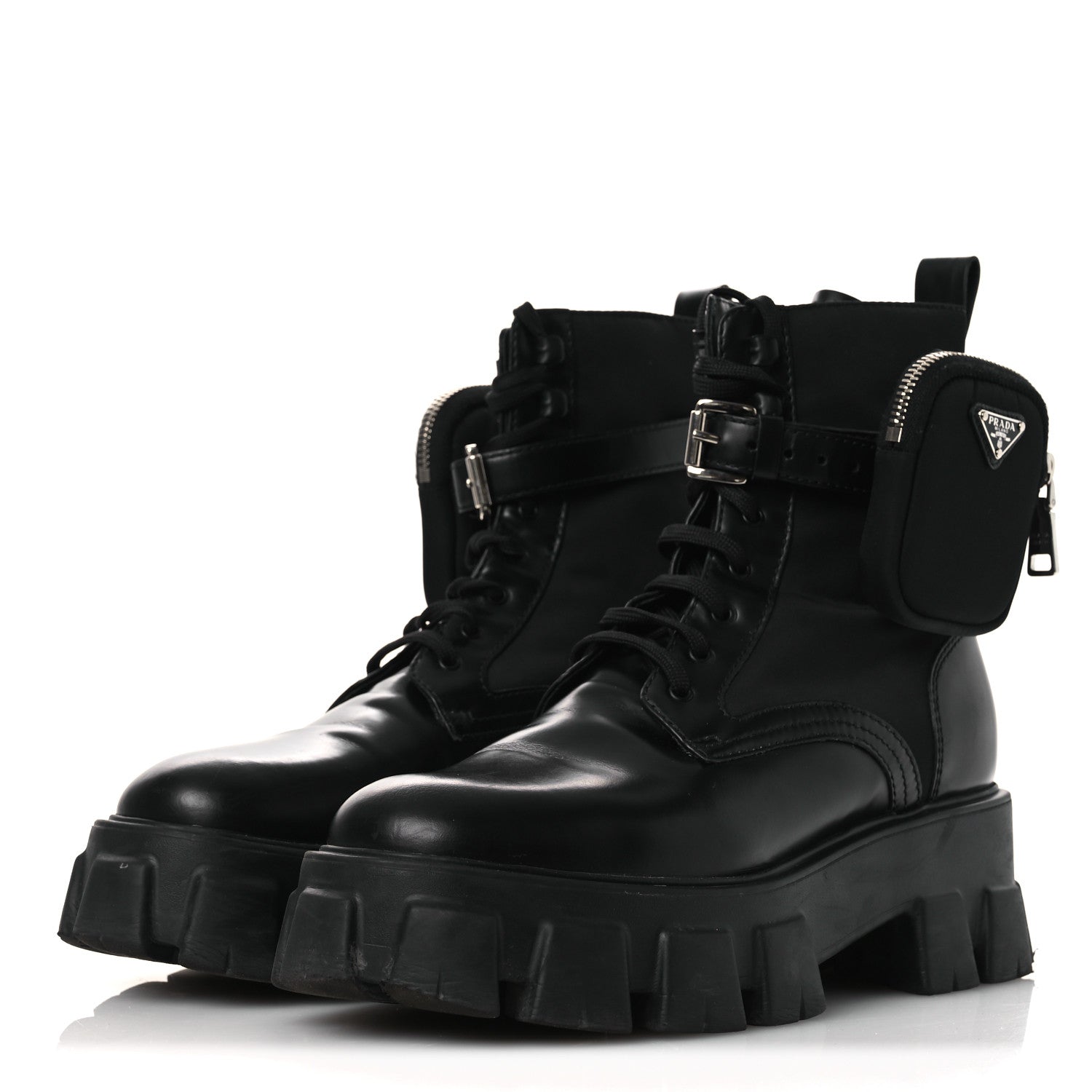 Prada Spazzolato Rois Nylon Metal Triangle Logo Monolith Pouch Pocket 55mm Boots 40.5 Black