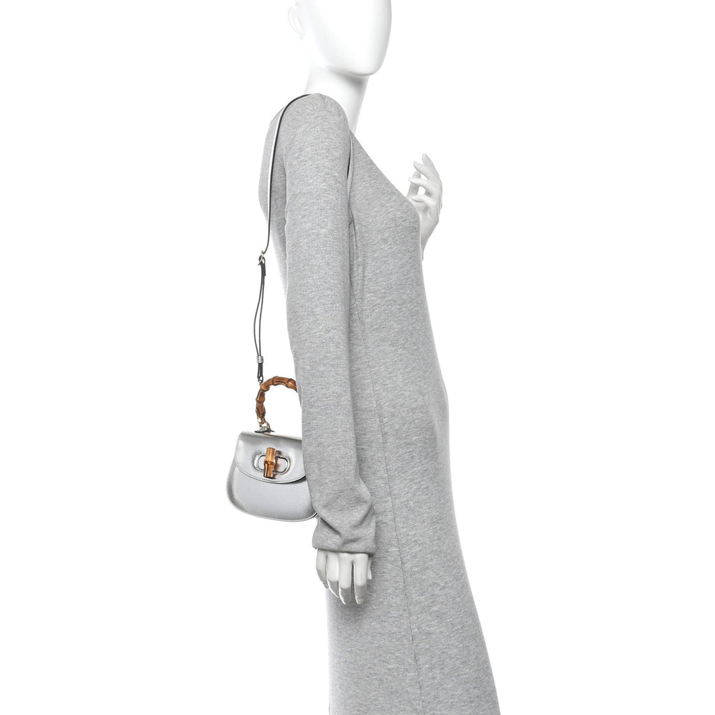 Gucci Boarded Dyana Lux Calfskin Mini Bamboo 1947 Top Handle Bag Silver