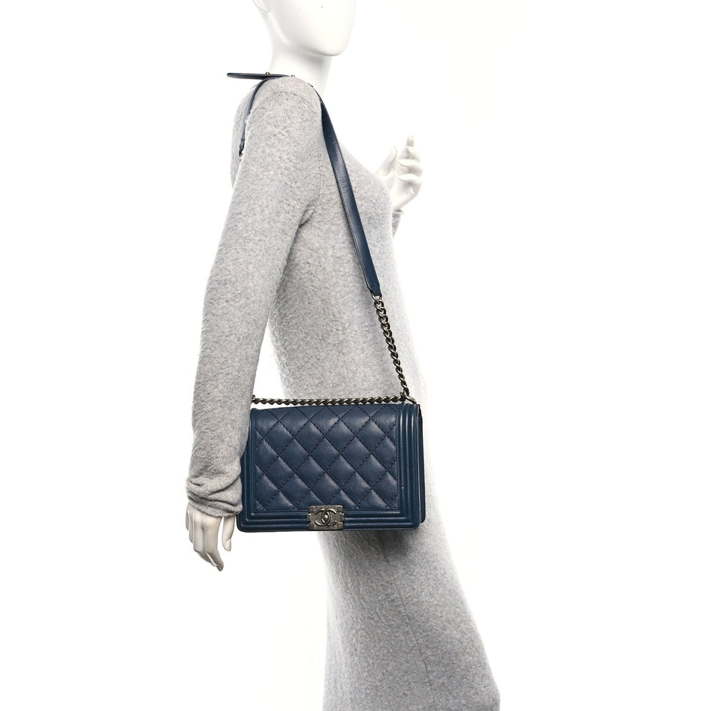 Chanel Calfskin Quilted Double Stitch New Medium Boy Flap Navy Blue