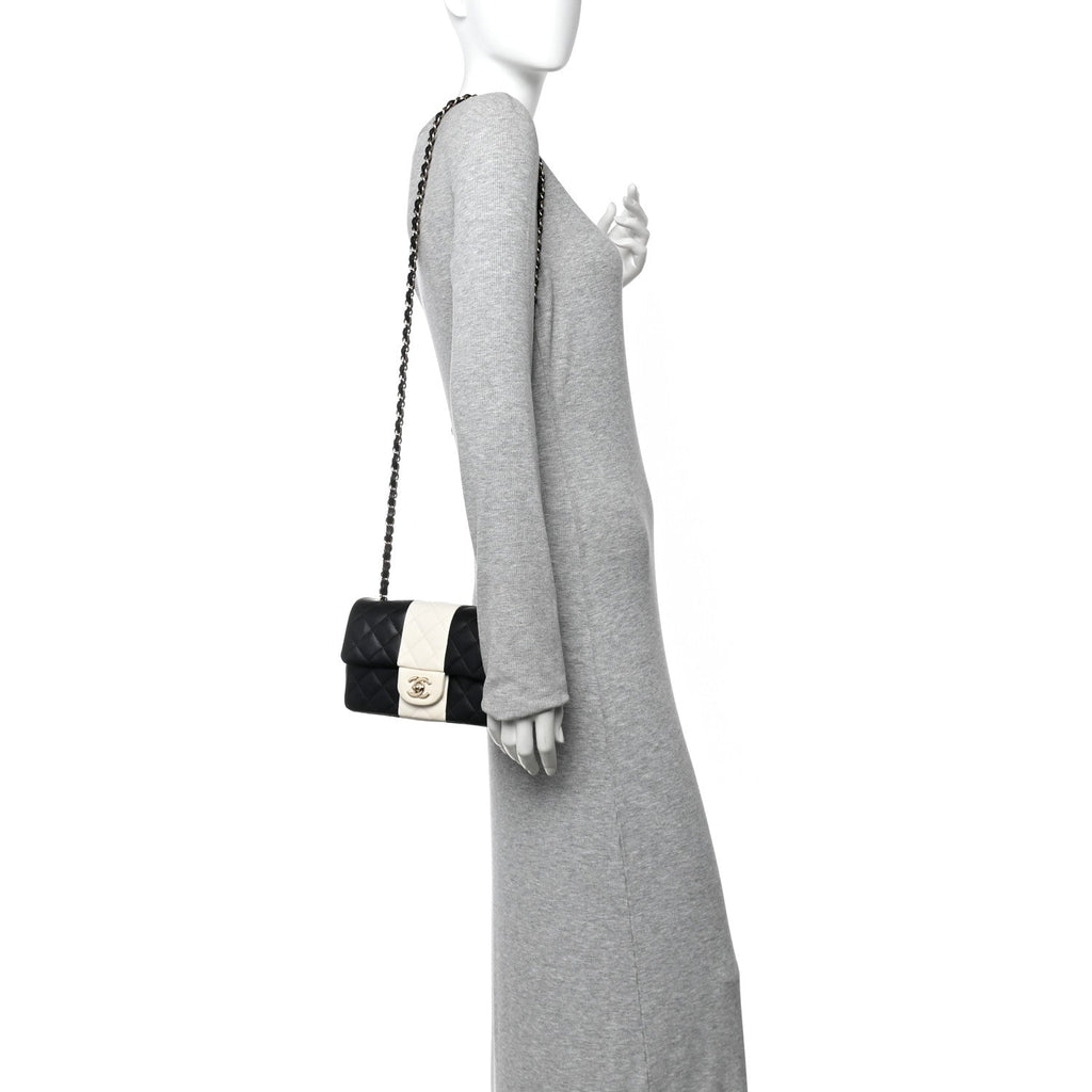 Chanel Lambskin Quilted Mini Rectangular Flap Black White