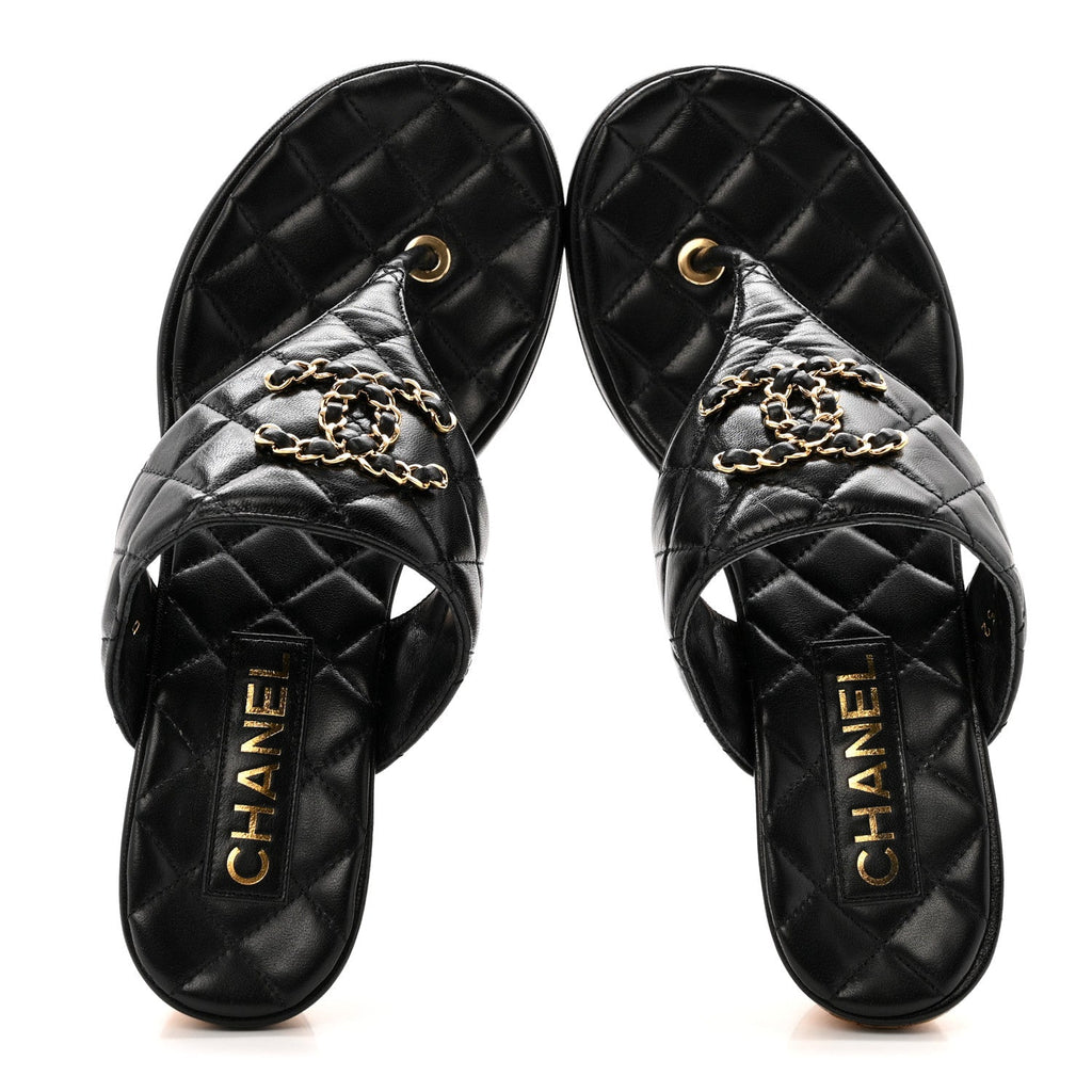 Chanel Shiny Goatskin Cork CC Wedge Sandals 37.5 Black