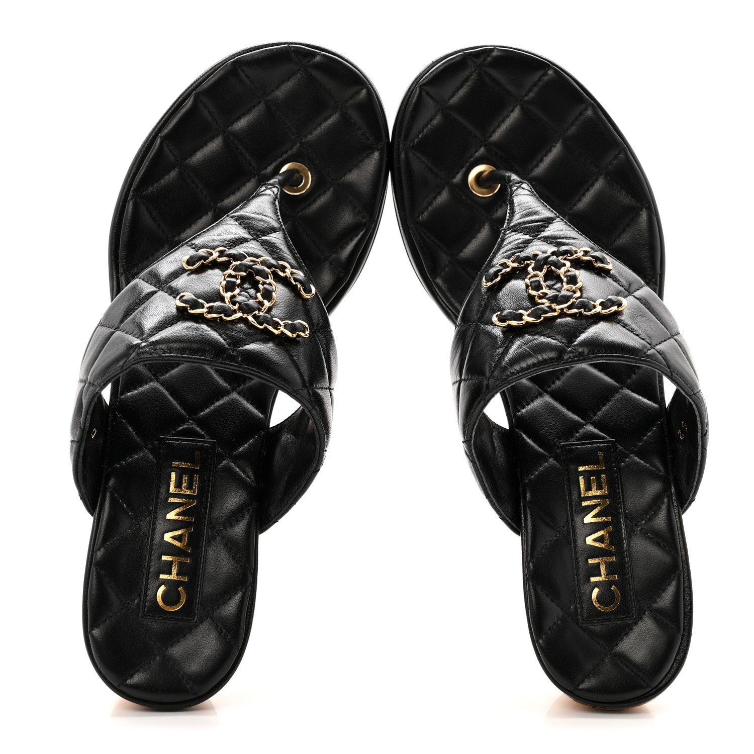 Chanel Shiny Goatskin Cork CC Wedge Sandals 37.5 Black