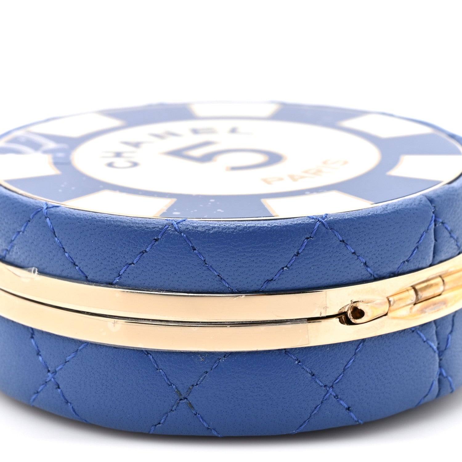 Chanel Lambskin Enamel Quilted Round Poker Chip Clutch With Chain Blue White