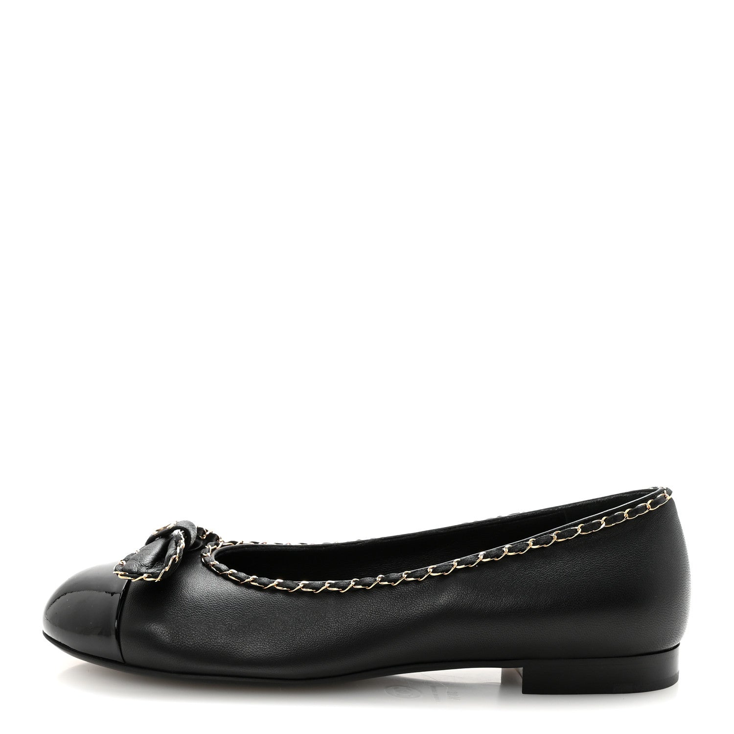 Lambskin Patent Cap Toe Chain Around Ballerina Flats 38.5 Black