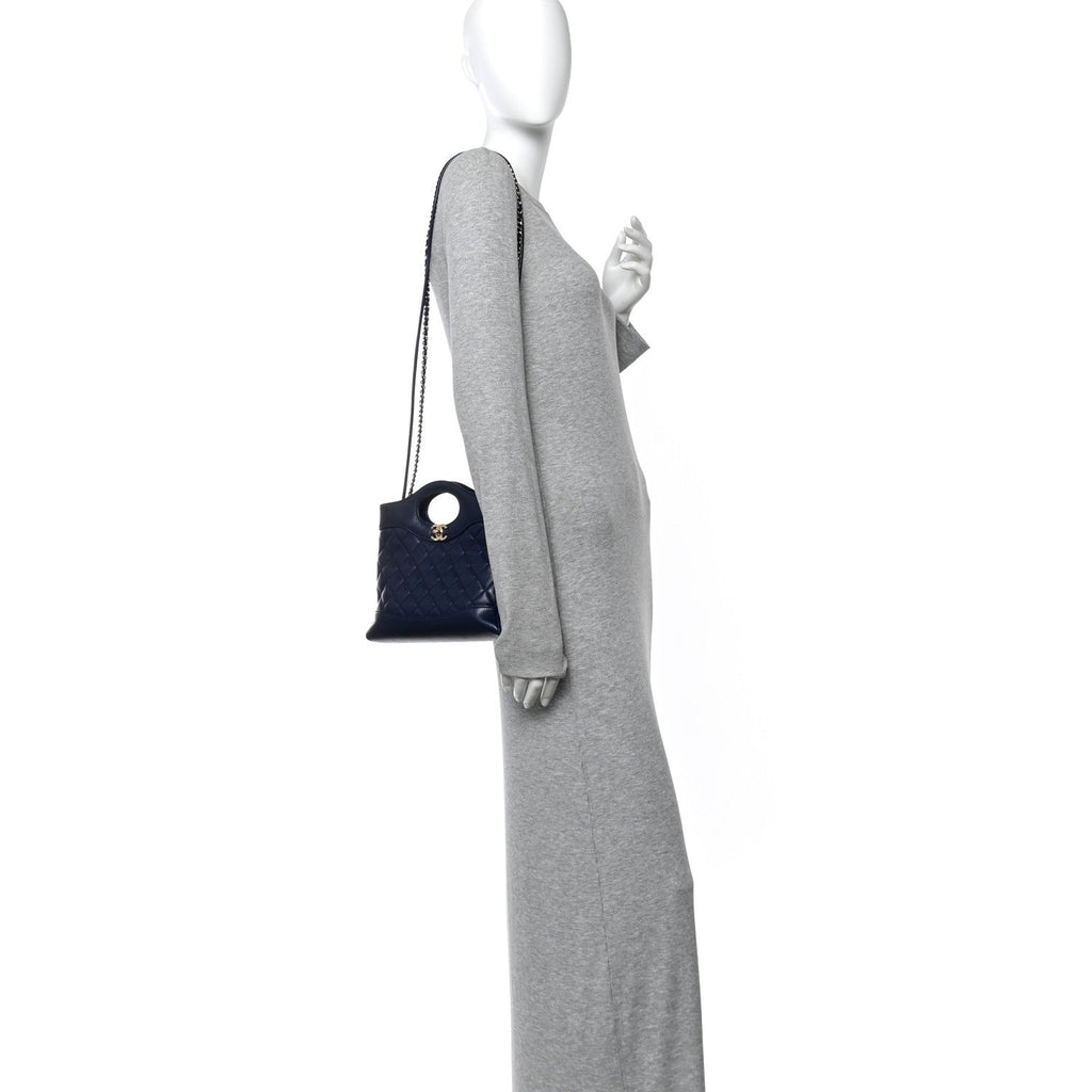 Chanel Shiny Crumpled Calfskin Quilted Mini 31 Shopping Bag Navy Blue