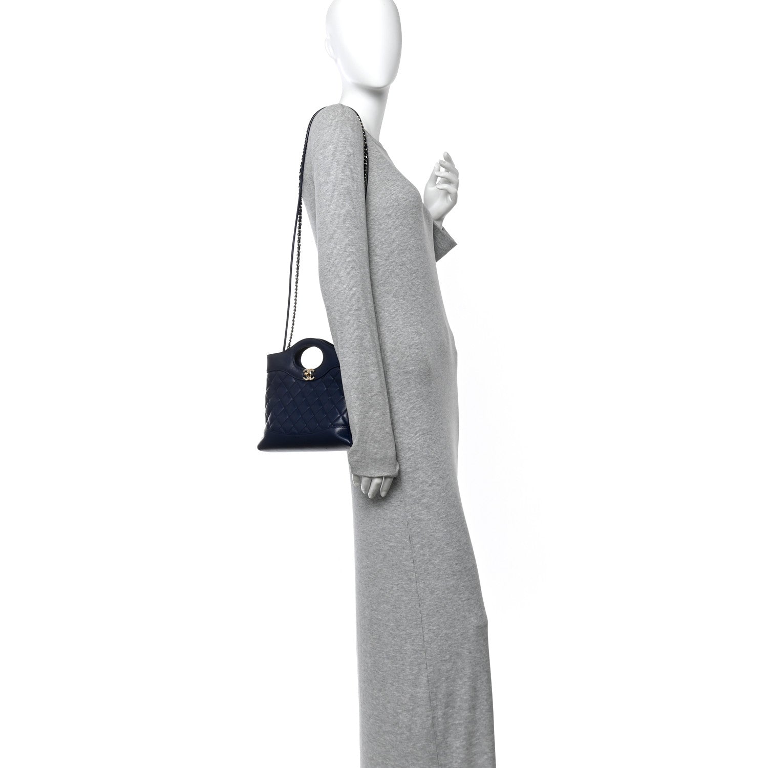 Chanel Shiny Crumpled Calfskin Quilted Mini 31 Shopping Bag Navy Blue