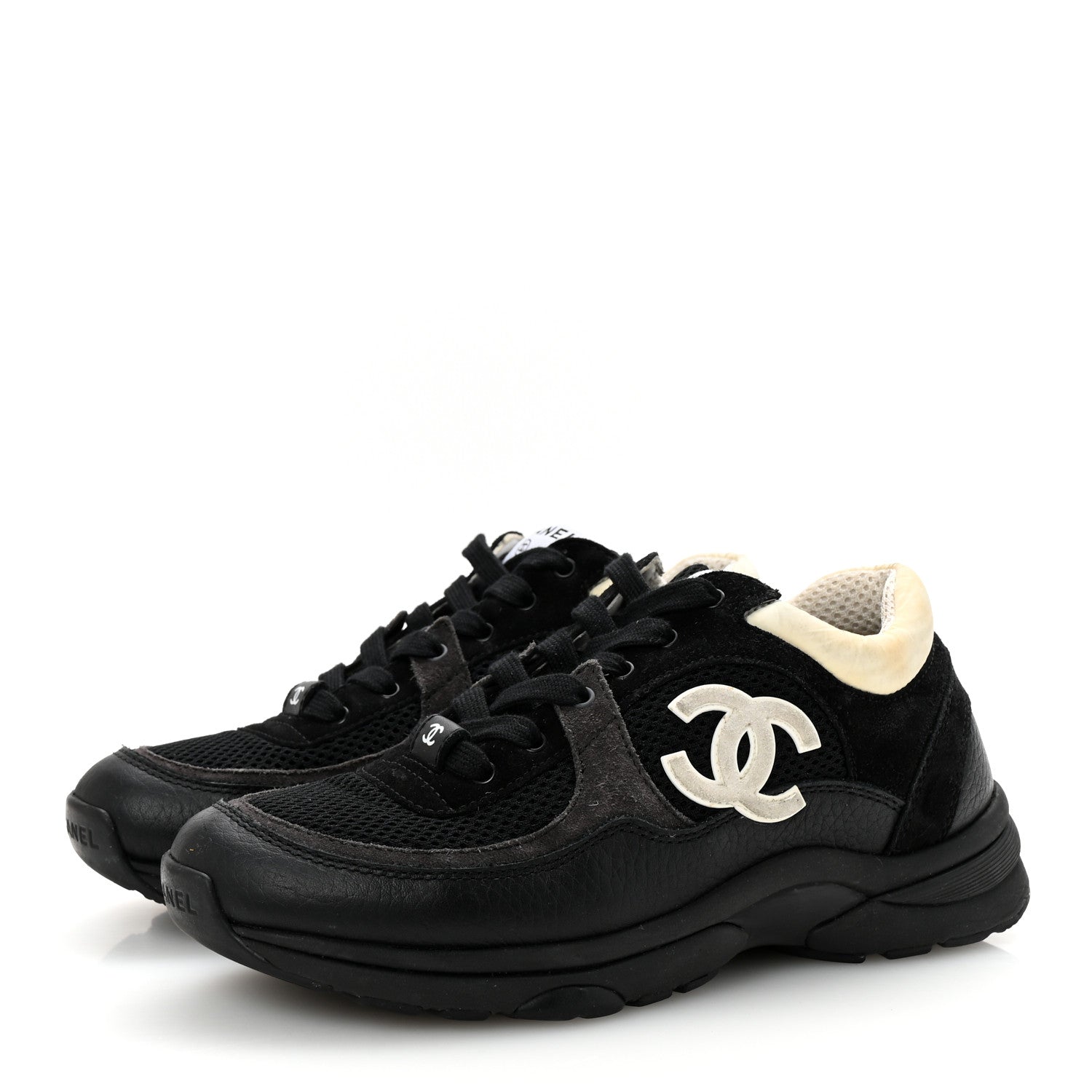 Mesh Suede Grained Calfskin Womens CC Sneakers 36.5 Black White
