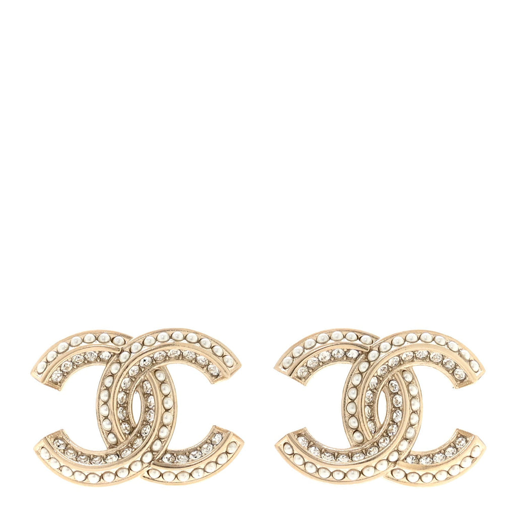 Crystal Pearl Chain Mania CC Earrings Gold