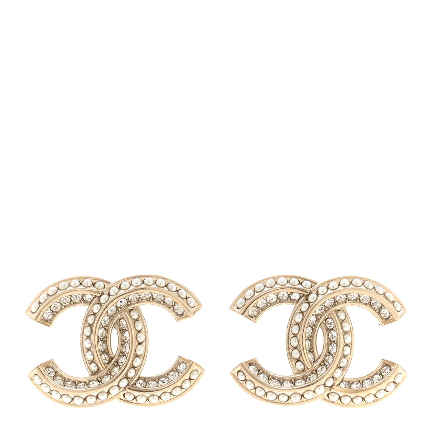 Crystal Pearl Chain Mania CC Earrings Gold