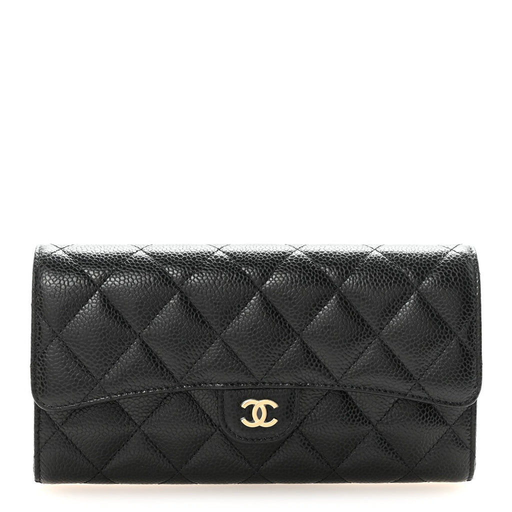 Caviar Quilted Large Gusset Flap Wallet Black