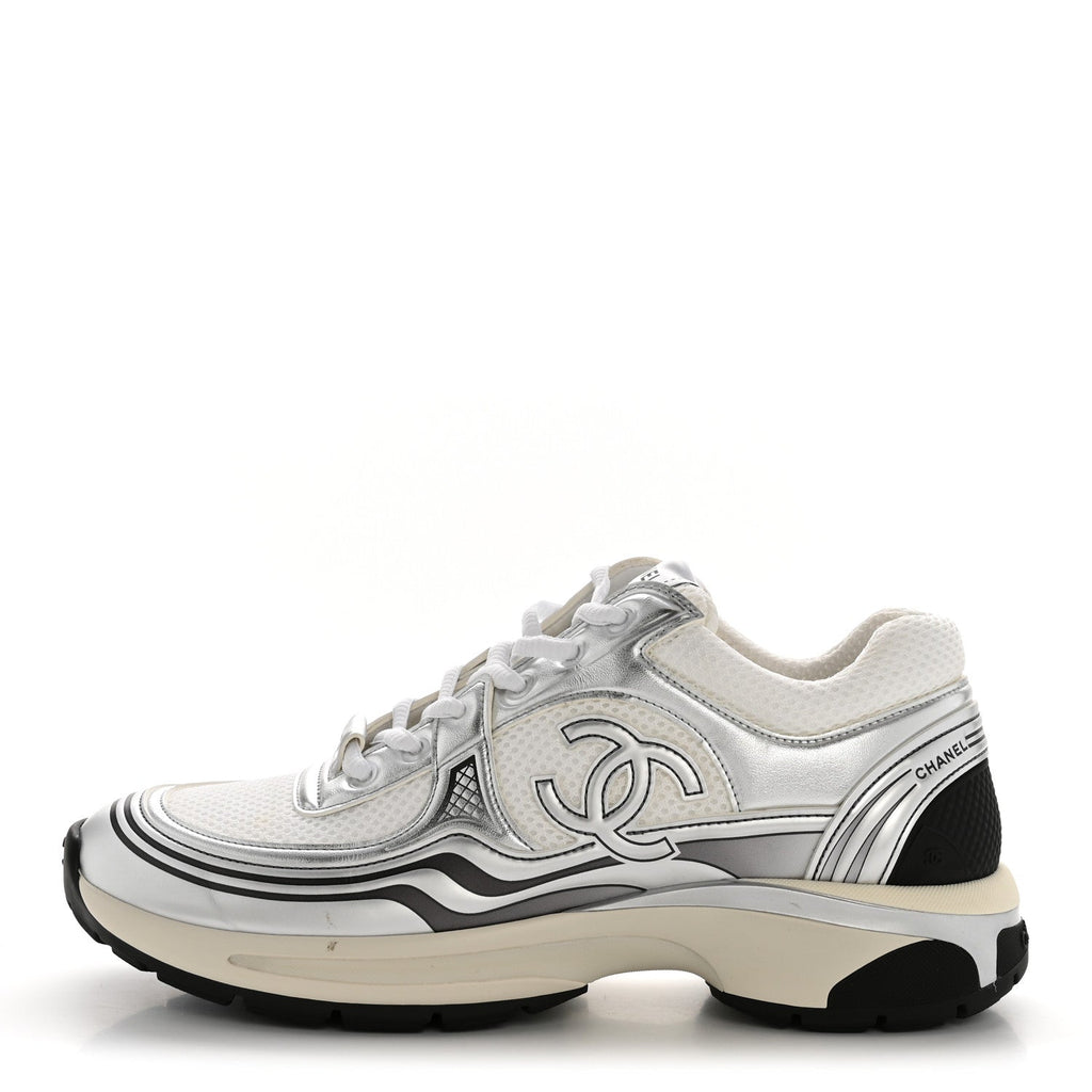 Fabric Laminated Calfskin Stretch CC Womens Sneakers 39.5 White Silver