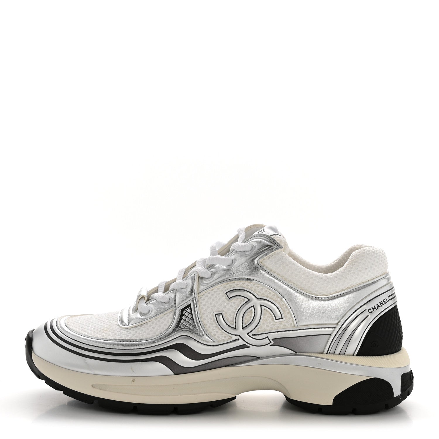 Fabric Laminated Calfskin Stretch CC Womens Sneakers 39.5 White Silver
