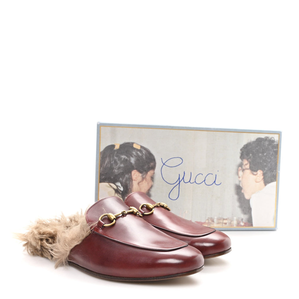 Gucci etis Glamour Calfskin Granada Kid Fur Mens Princetown Slippers 8.5 Ruby Bordeaux Naturale