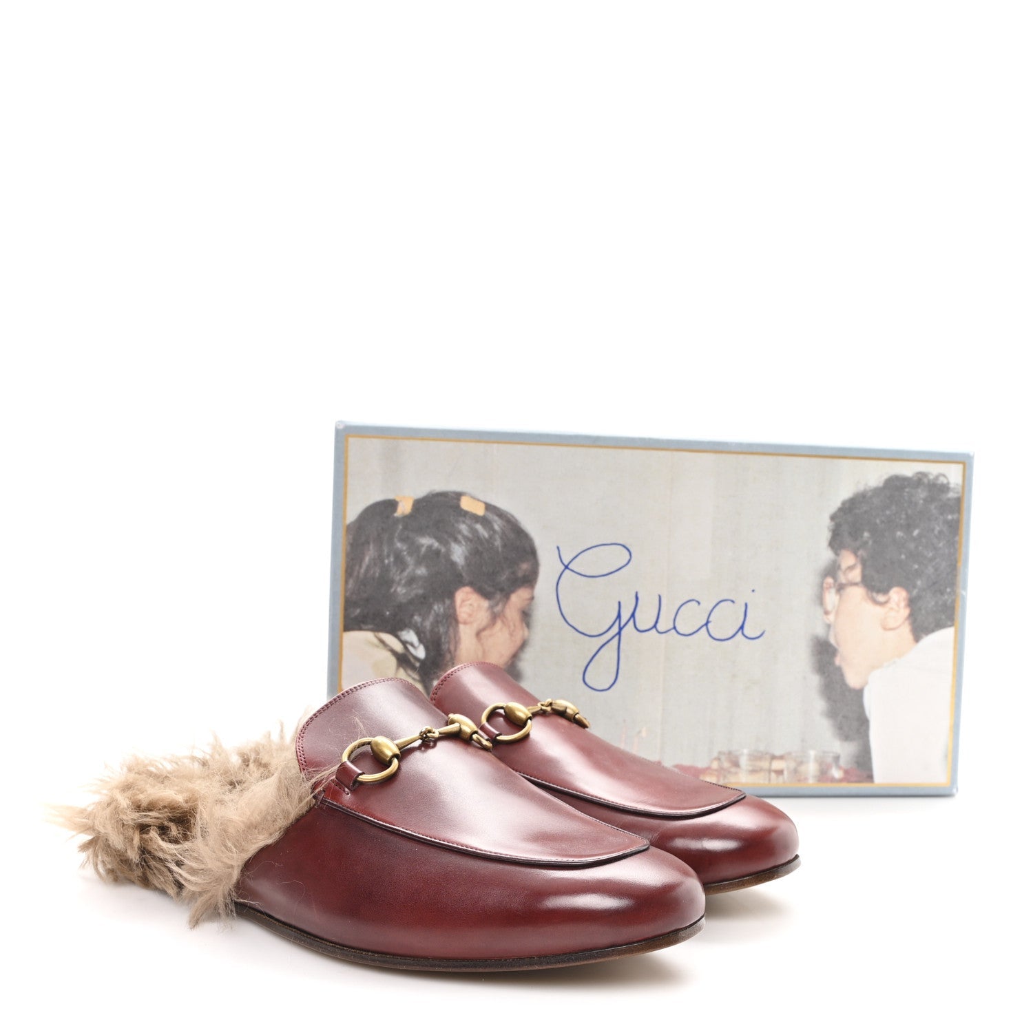 Gucci etis Glamour Calfskin Granada Kid Fur Mens Princetown Slippers 8.5 Ruby Bordeaux Naturale