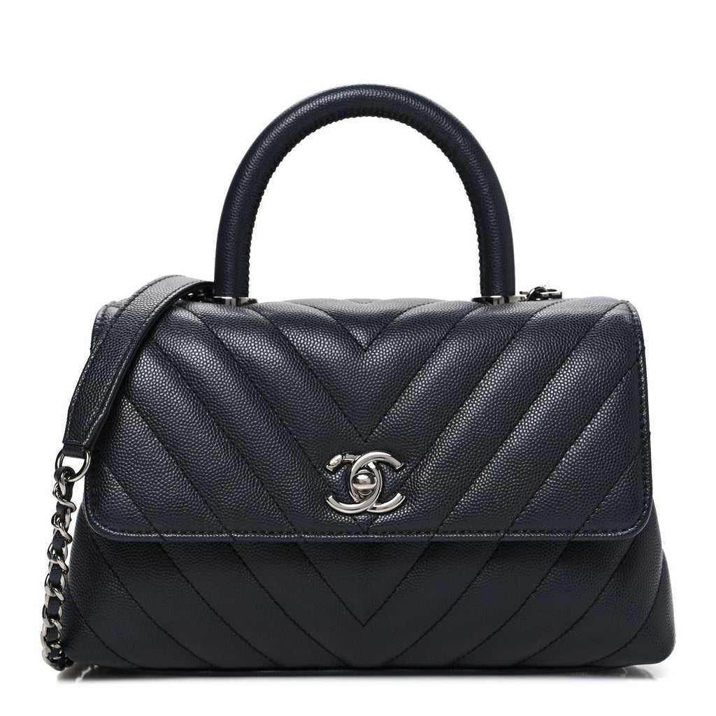 Chanel Caviar Chevron Quilted Mini Coco Handle Flap Dark Grey