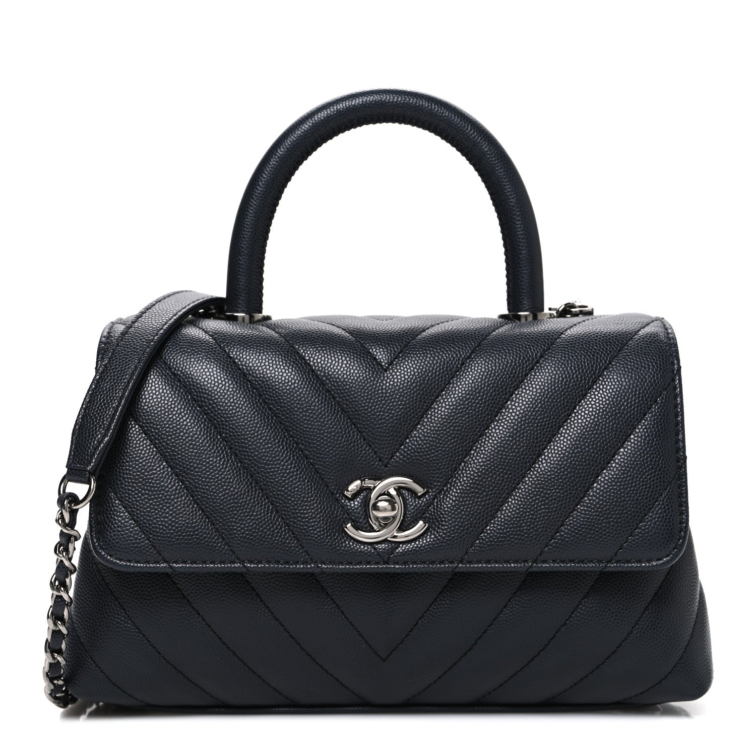 Chanel Caviar Chevron Quilted Mini Coco Handle Flap Dark Grey