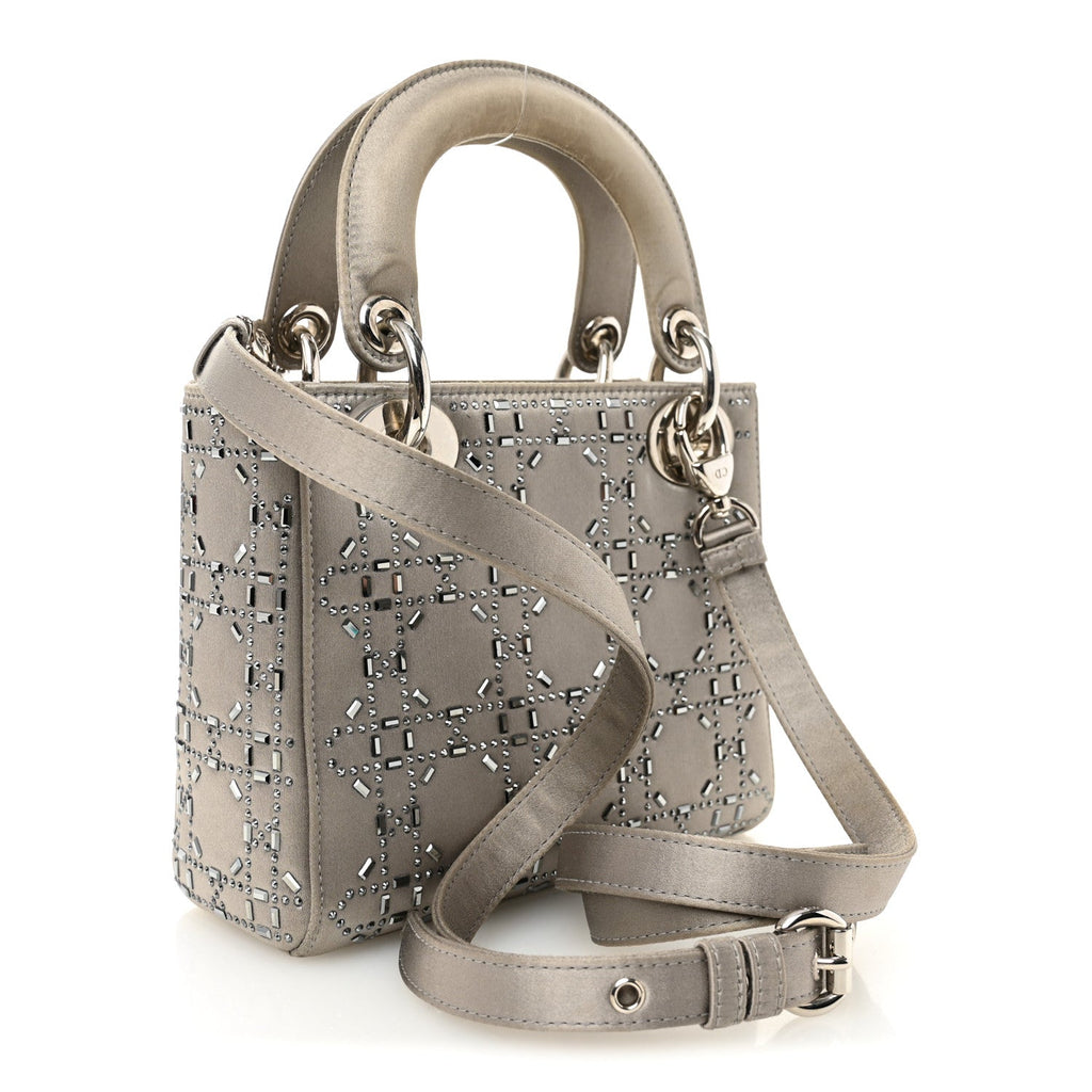 Christian Dior Satin Crystal Cannage Mini Lady Dior Gray