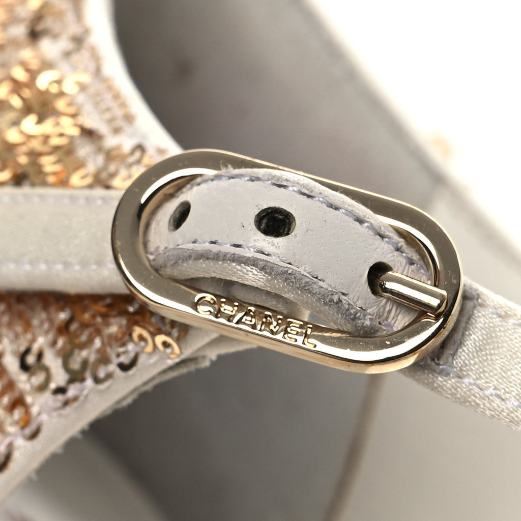 Metallic Sequin Peep Toe Pumps 37.5 Light Gold White