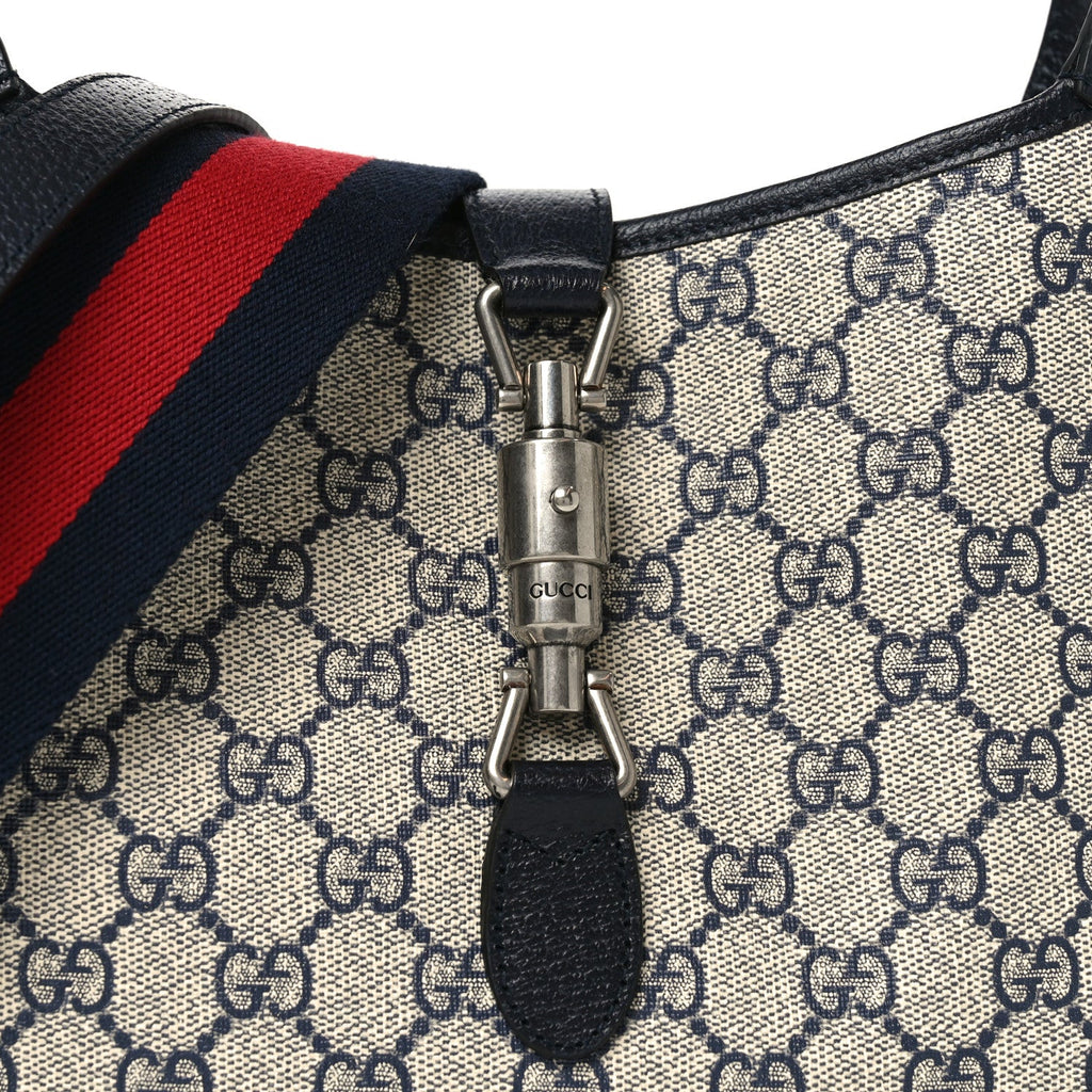Gucci GG Supreme Monogram Textured Dollar Calfskin Web Small Jackie 1961 Hobo Beige Blue