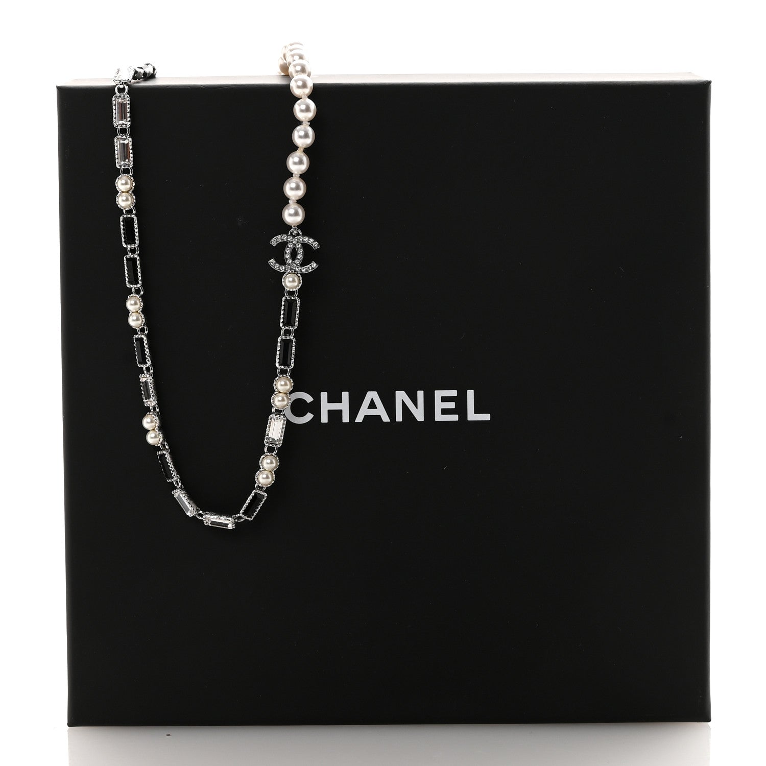 Pearl Baguette Crystal CC Choker Necklace Silver Black