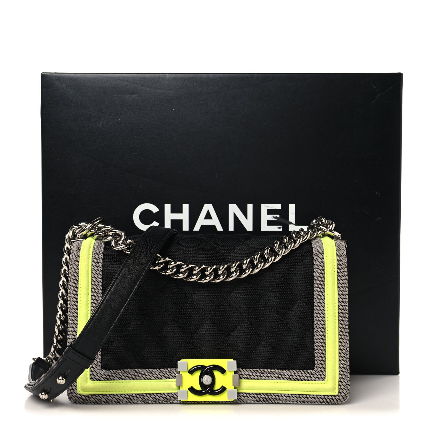 Chanel Canvas Quilted Medium Fluo Boy Flap Black Grey Yellow