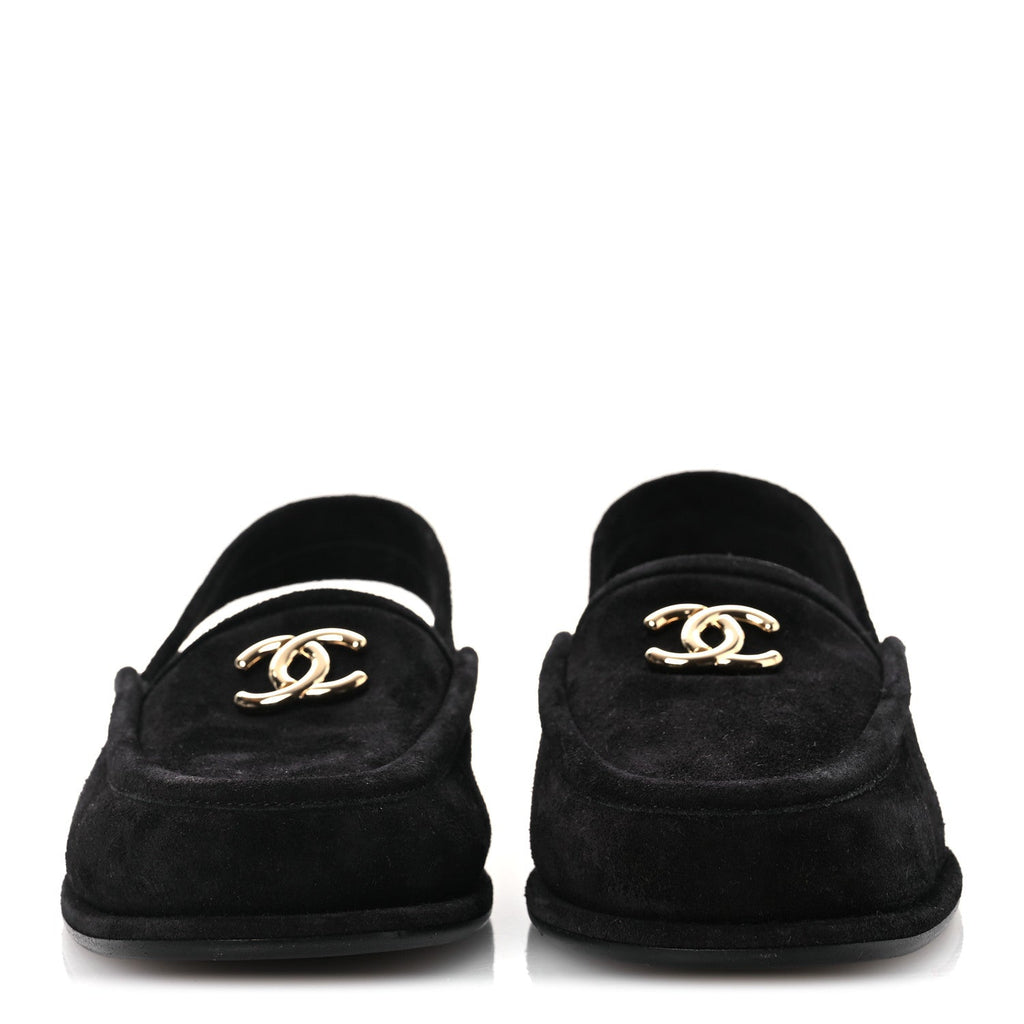 Chanel Suede Calfskin CC Slingback Loafers 37.5 Black