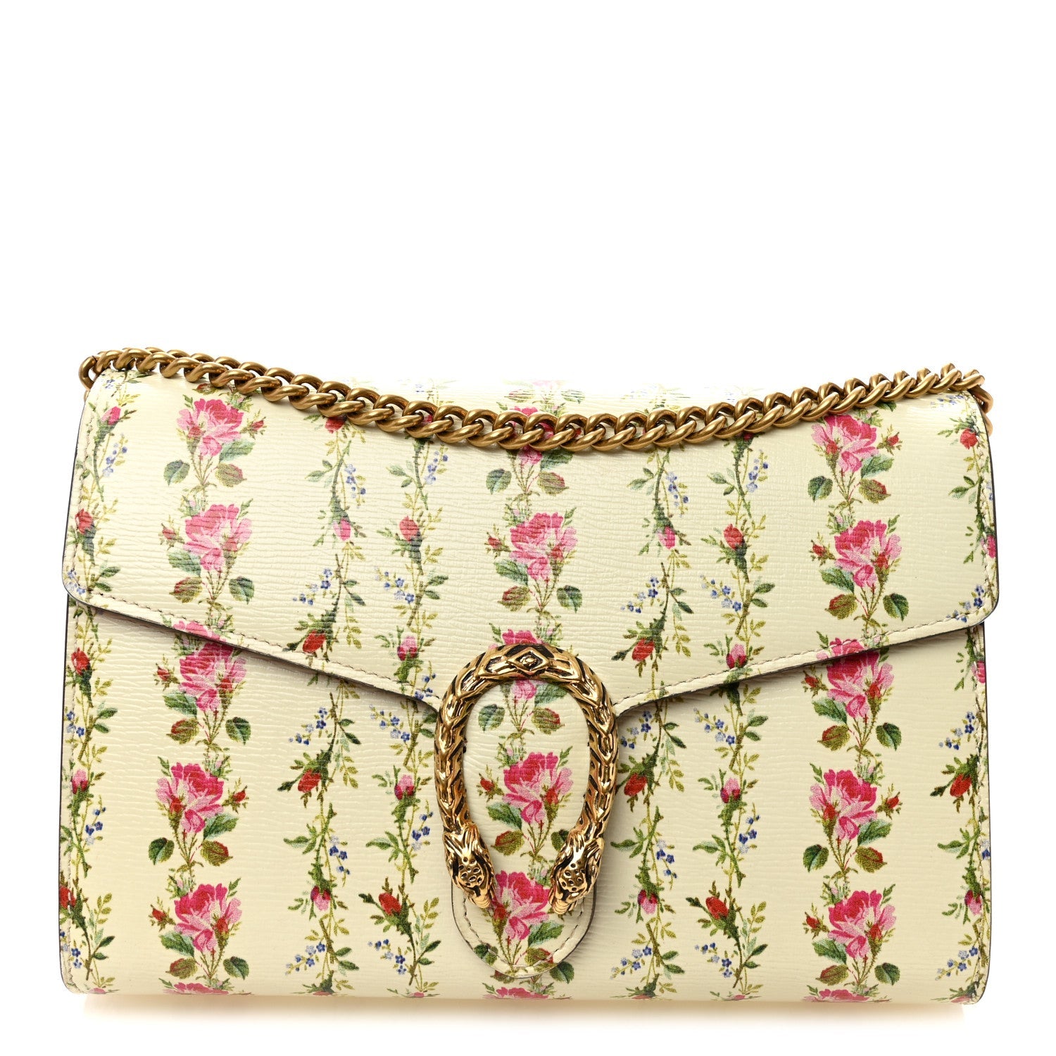 Gucci Calfskin Floral Print Mini Dionysus Chain Wallet Ivory Pink