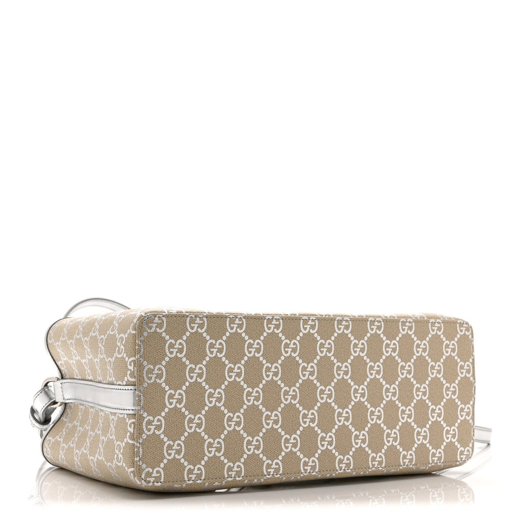 Gucci GG Supreme Monogram Emblem Medium Tote Bag  Beige Silver