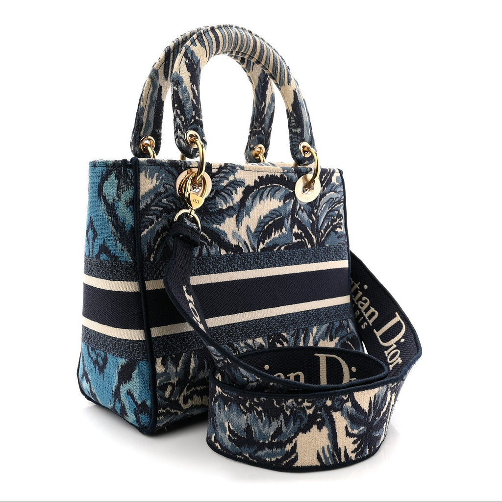 Christian Dior Canvas Embroidered Palm Tree Toile De Jouy Medium Lady D-Lite Blue