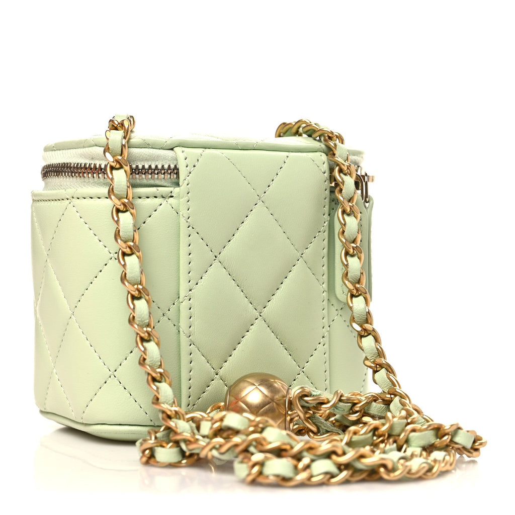 Chanel Lambskin Quilted Pearl Crush Mini Vanity Case With Chain Light Green