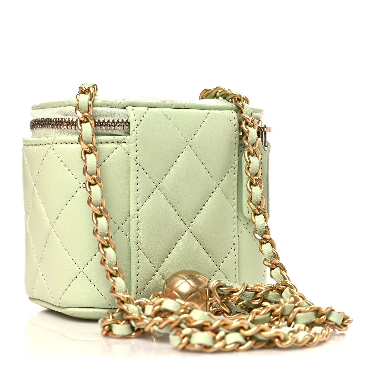 Chanel Lambskin Quilted Pearl Crush Mini Vanity Case With Chain Light Green