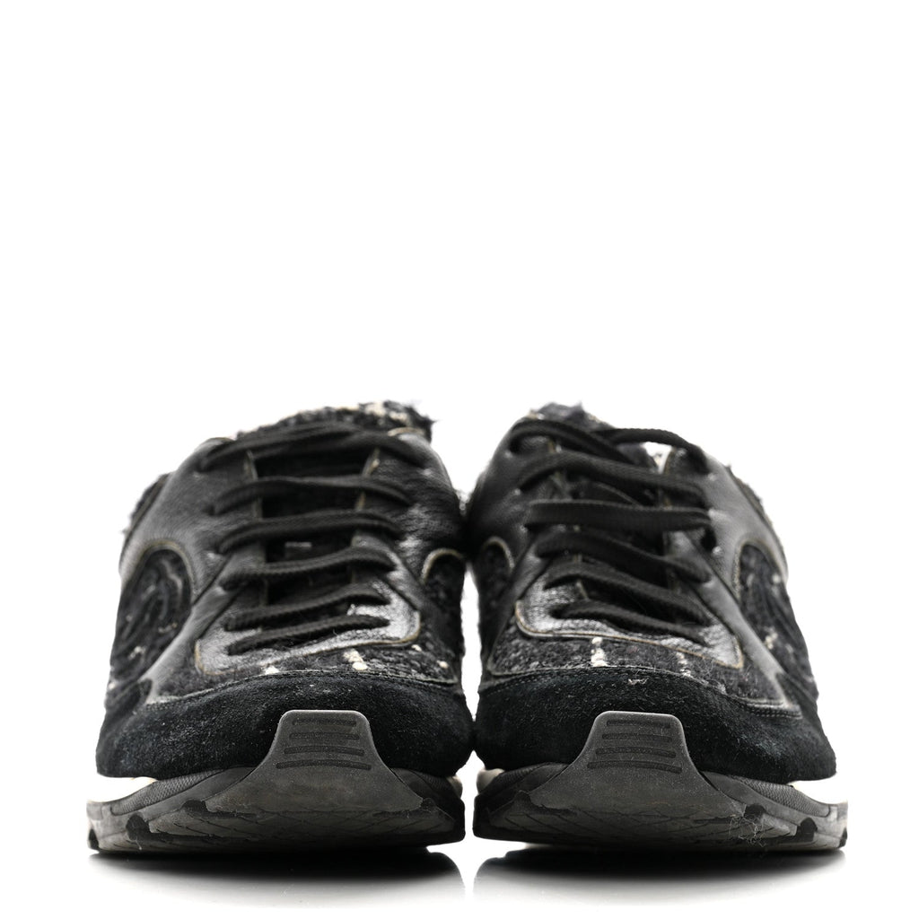 Chanel Tweed Suede Goatskin CC Sneakers 38 Black White