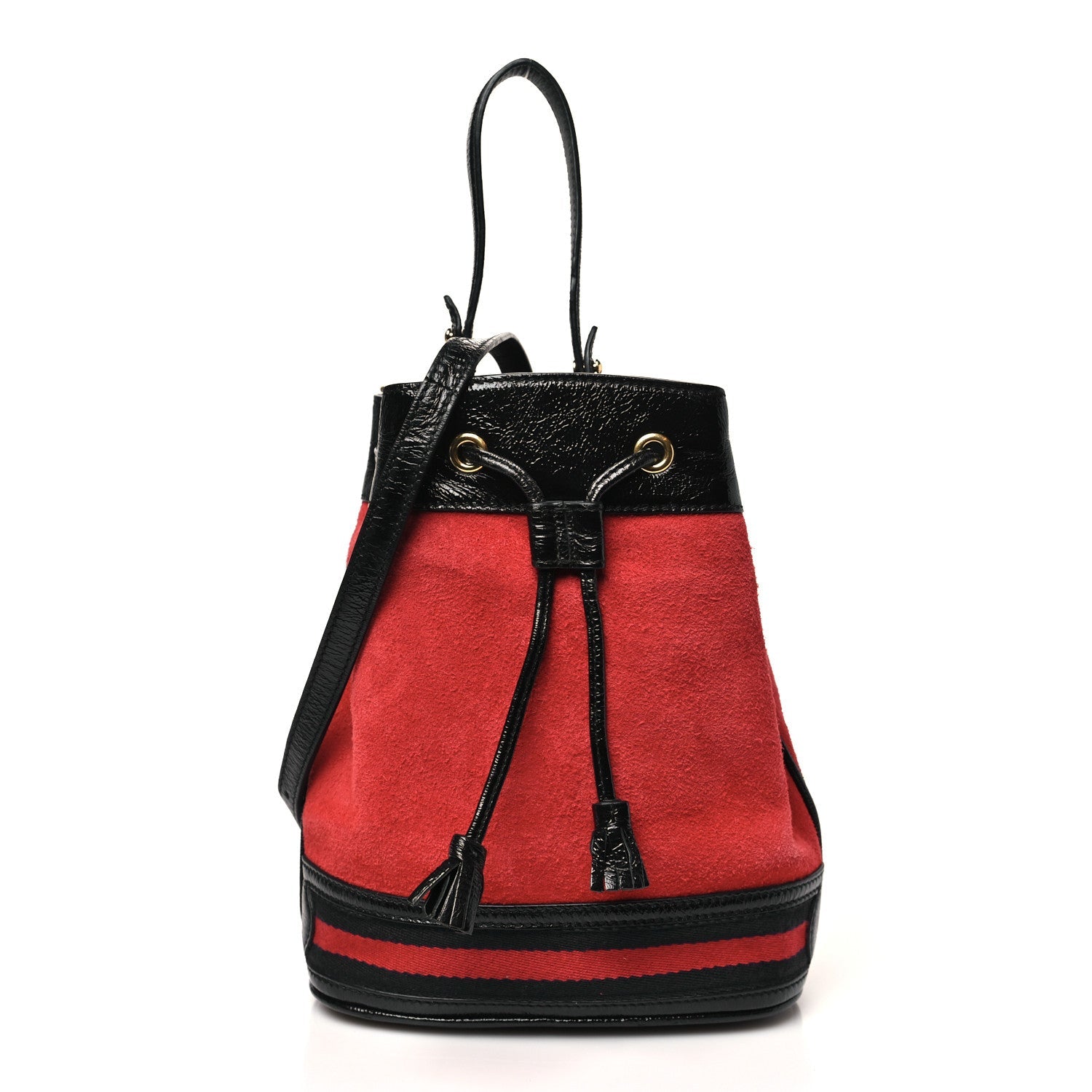 Gucci Suede Patent Web Small Ophidia Bucket Bag Hibiscus Red Black